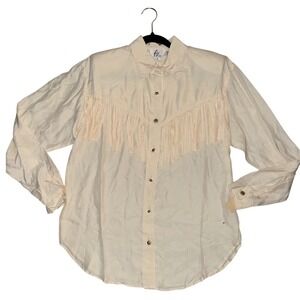 Vintage deadstock Fiji Sport Womens Silk Cream Fringe Western Button Down Shirt